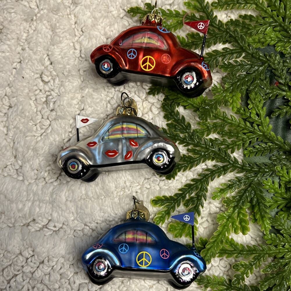 Dept 56 Set of 3 Glass Bug Beetle Car Ornaments Peace Lips Kiss Department - Picture 1 of 13